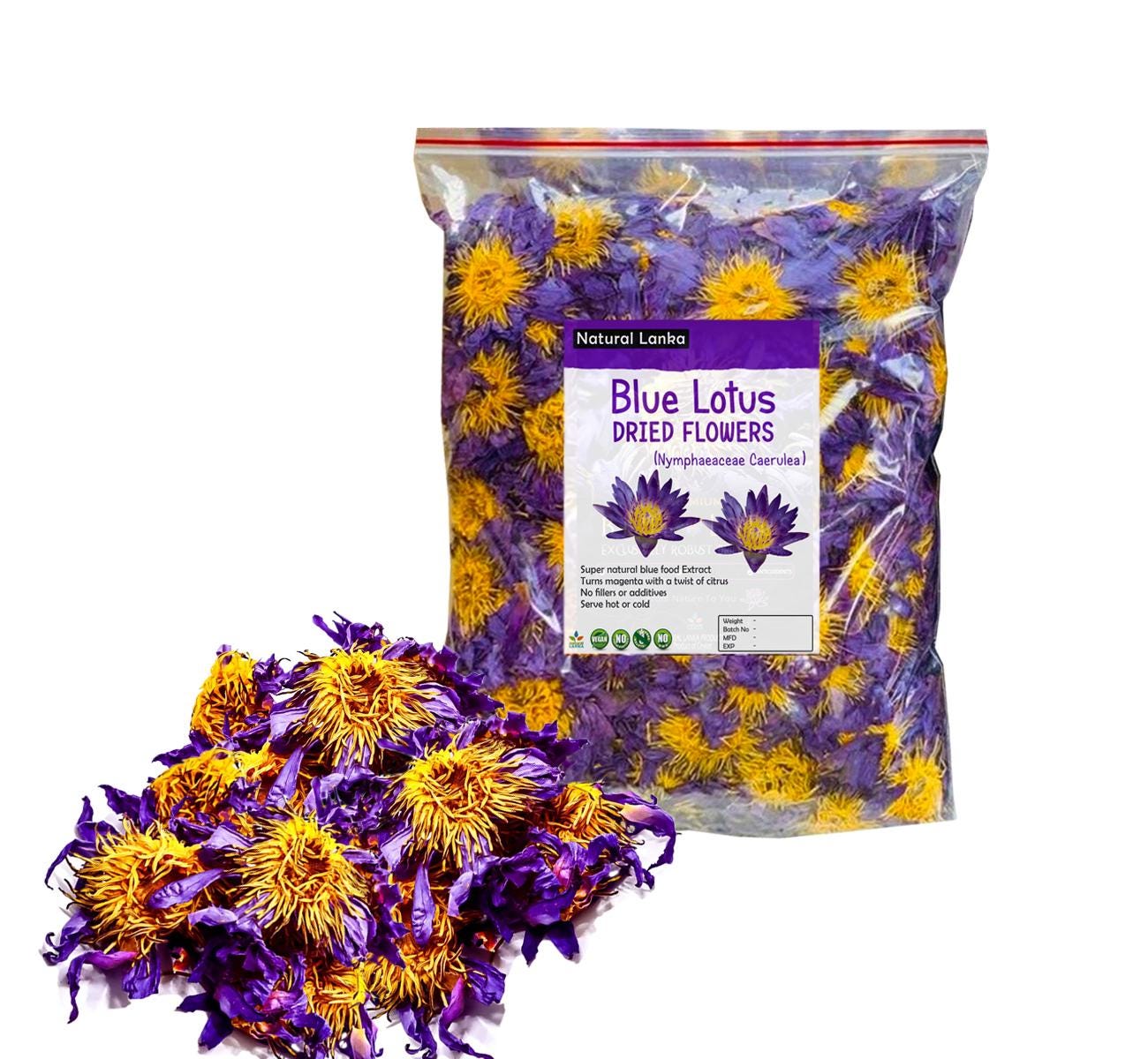 100% Organic Egyptian Blue Lotus Whole Flowers • Nymphaea caerulea • No Additives, Pesticides, or Chemicals • Premium Quality Blue Tea